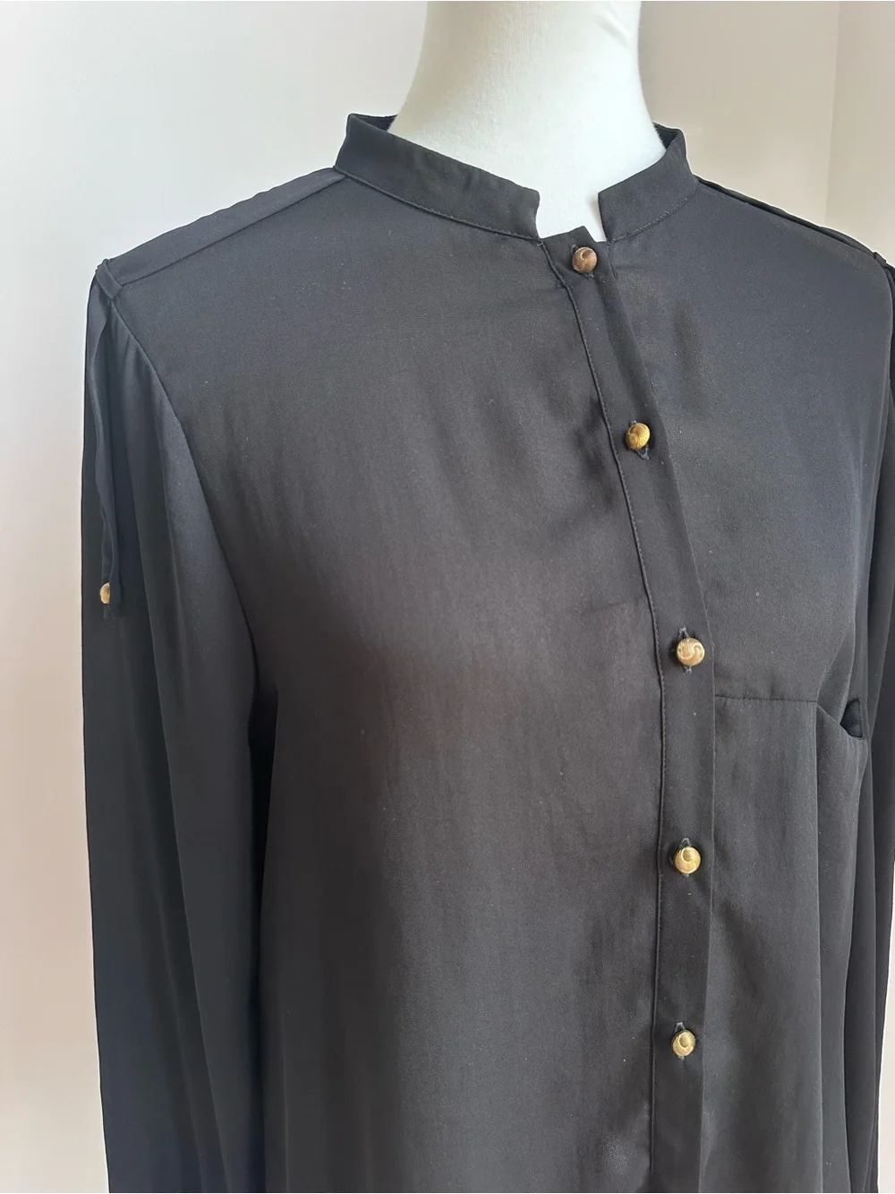 Zara Women Sheer Black Button-Front Blouse with Gold Buttons Size X-Large